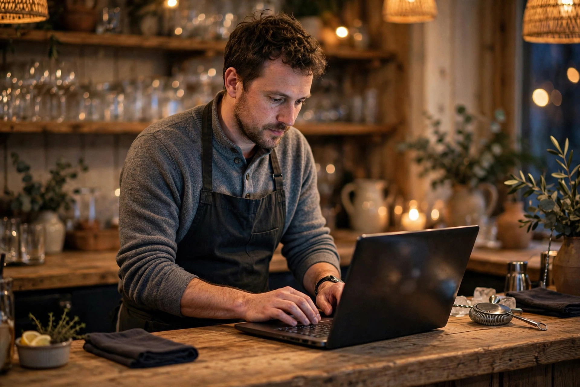 Restaurant manager replying to guest reviews on a laptop behind the bar counter