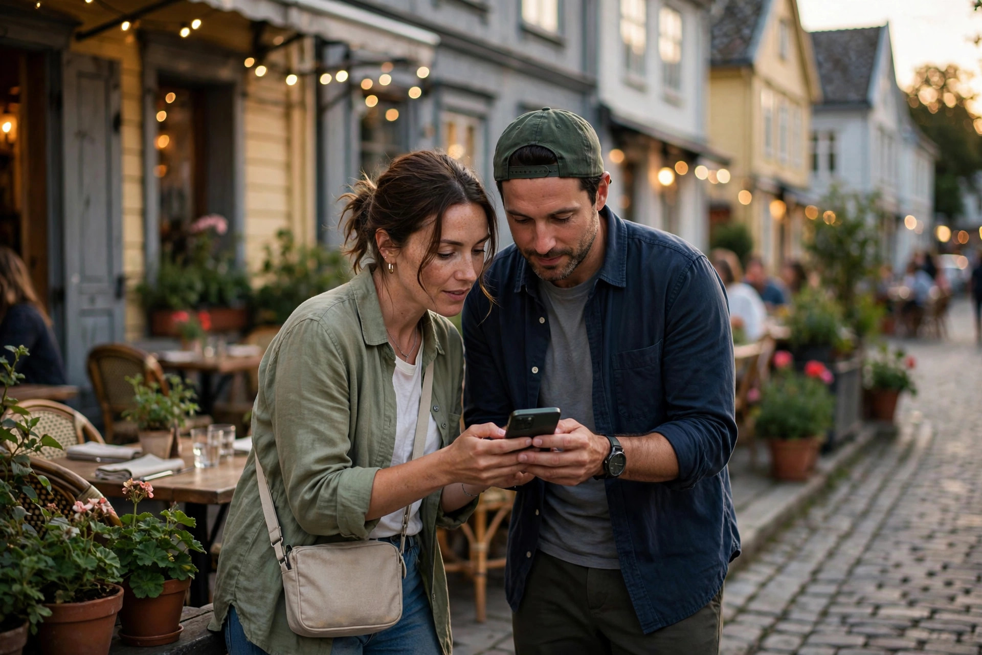 Travellers checking restaurant reviews on a phone outside a Nordic old-town restaurant terrace