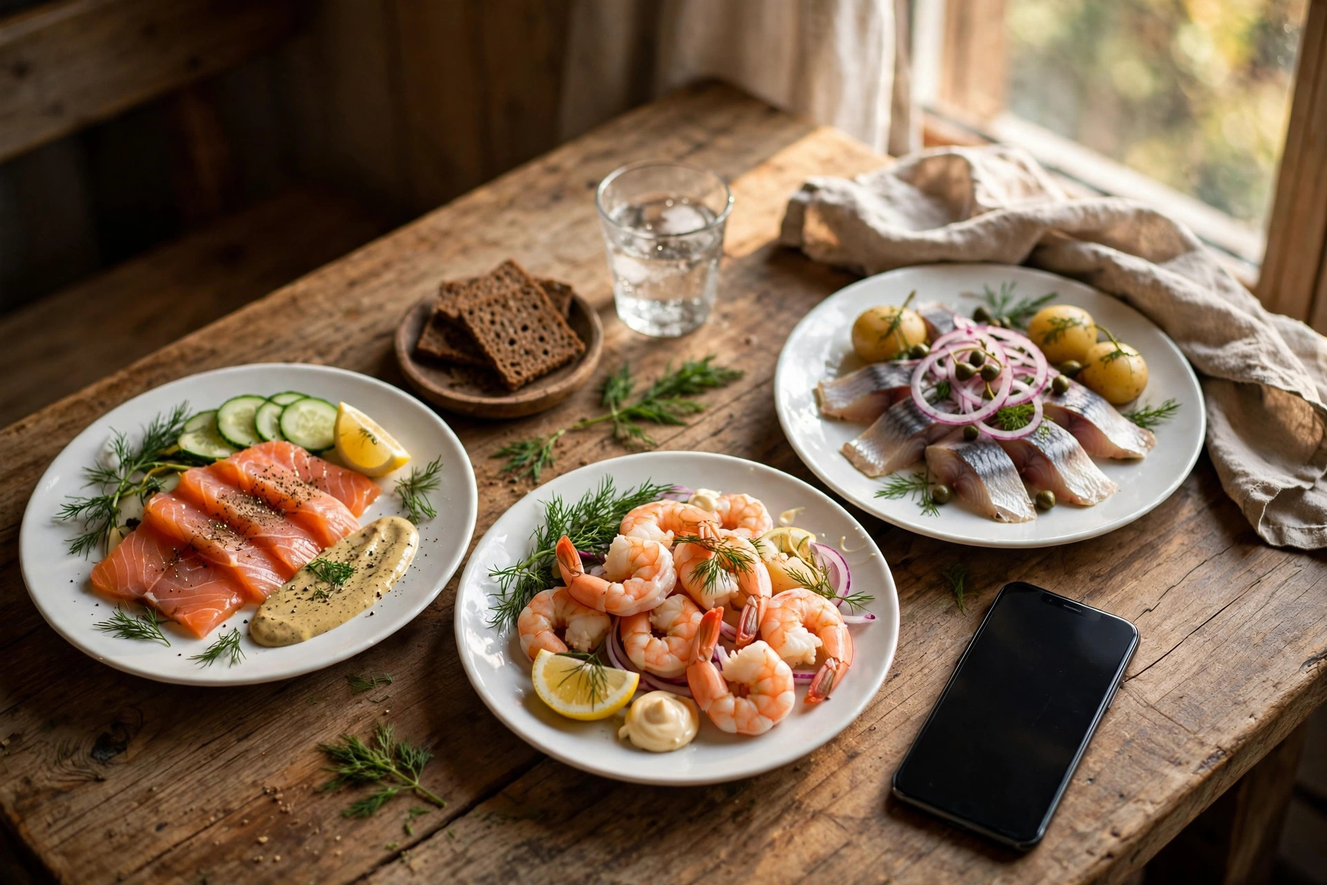 Sjømatretter servert på et restaurantbord med smarttelefon ved siden av