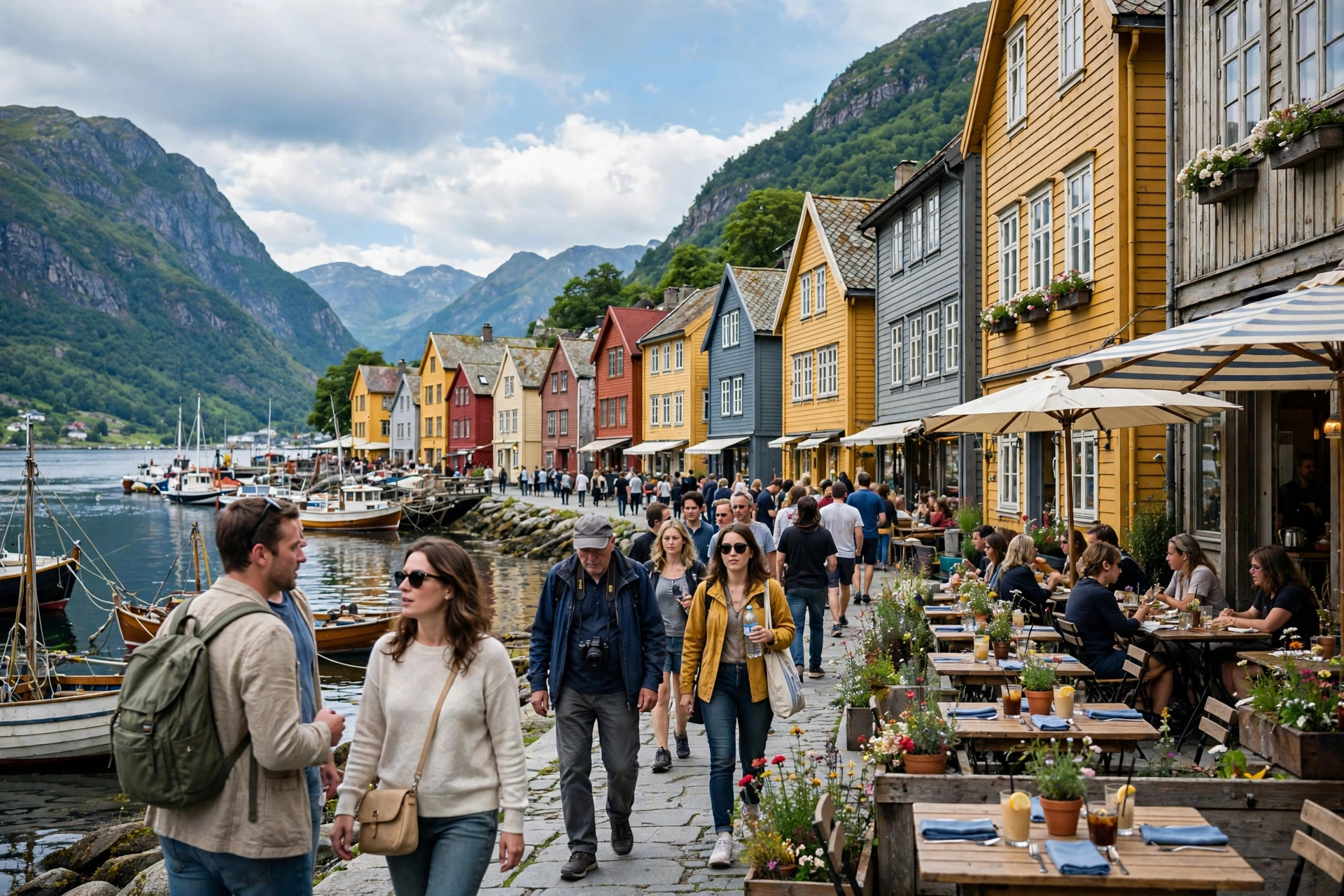 Turister på en solrik havn med uteserveringer i en norsk fjordby
