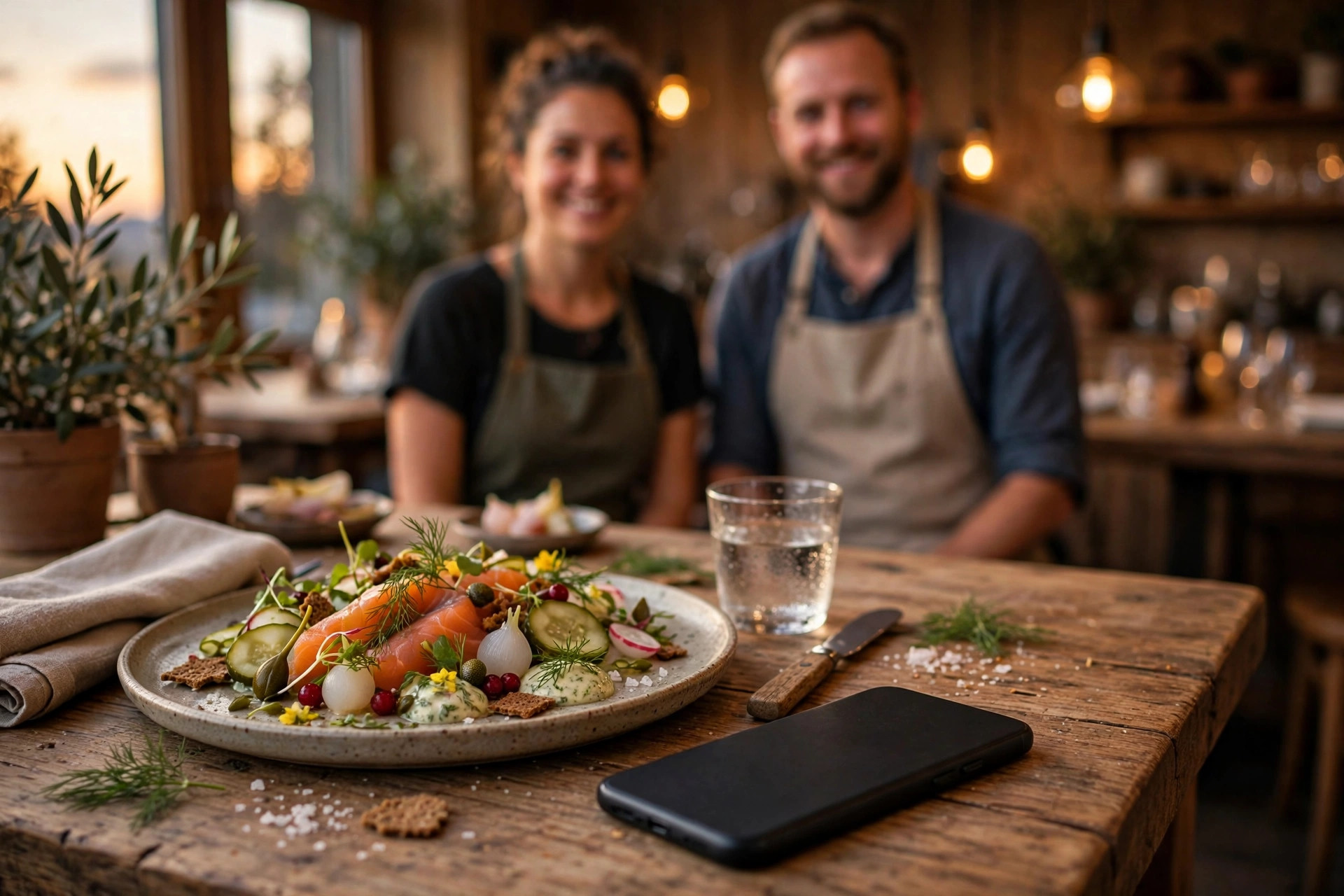 Mobil på restaurangbord intill nordisk maträtt, personal i bakgrunden