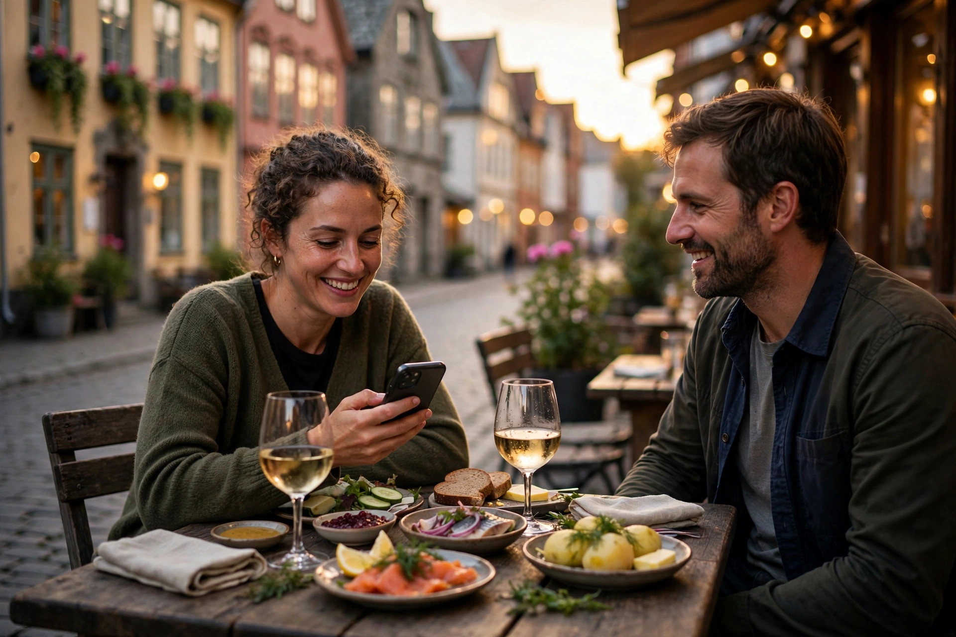 Turistit lukevat ravintola-arvosteluja puhelimelta terassilla pohjoismaisessa vanhassakaupungissa