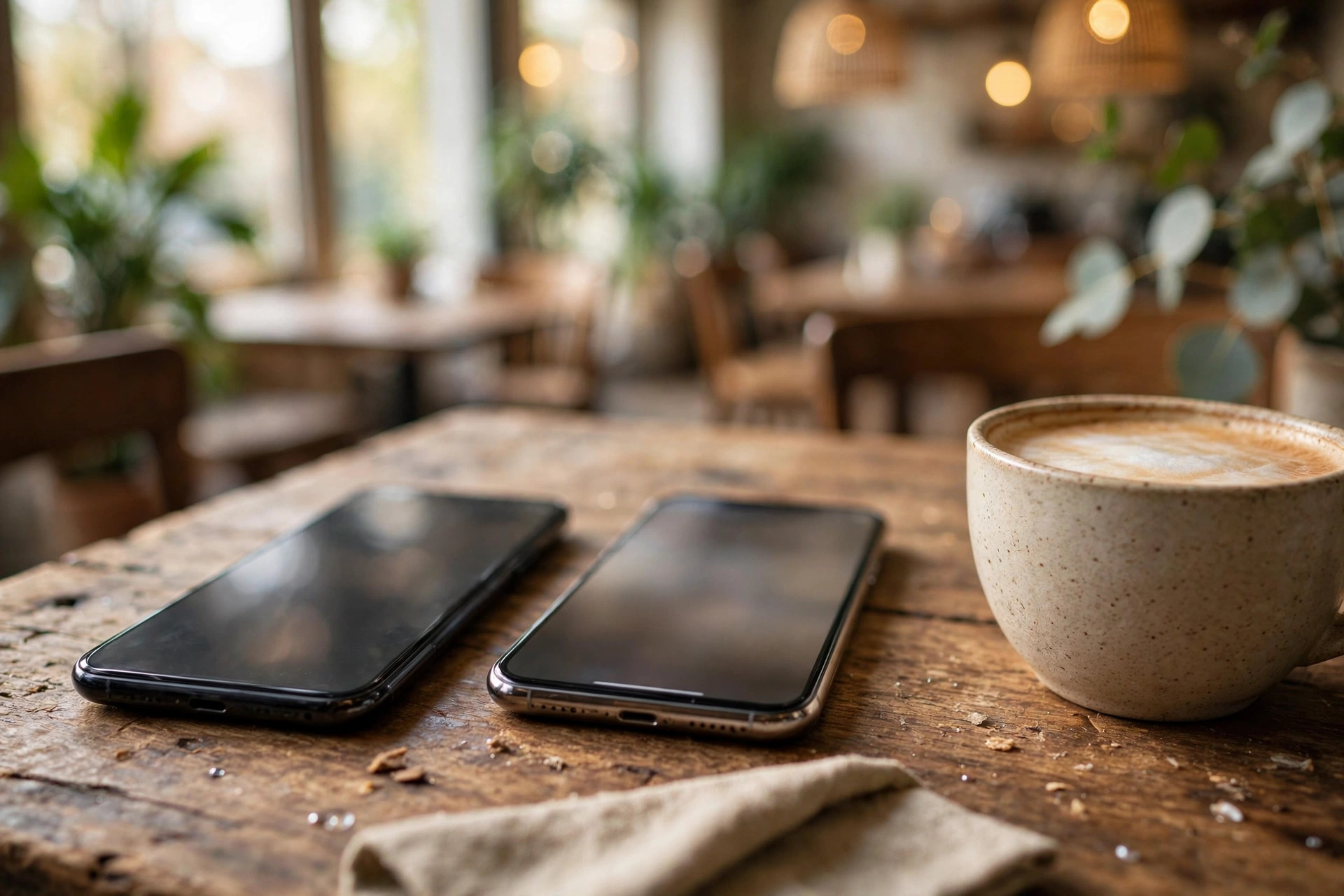 Två mobiltelefoner på ett restaurangbord — en tvåspråkig hemsida ska fungera lika bra på mobil på båda språken