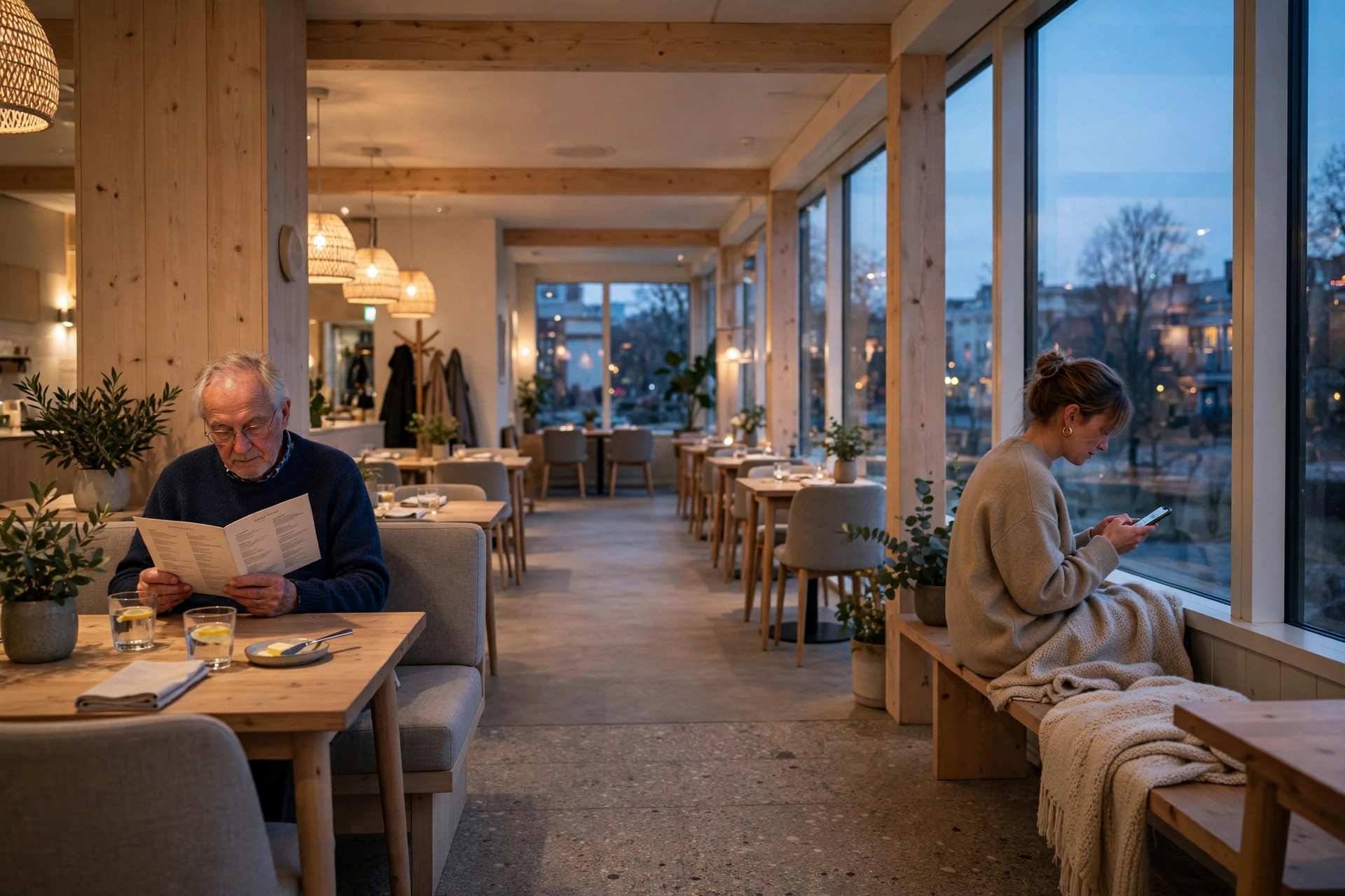 Gjester i en norsk restaurant, blant annet en kvinne som bruker mobil og en eldre mann som leser meny