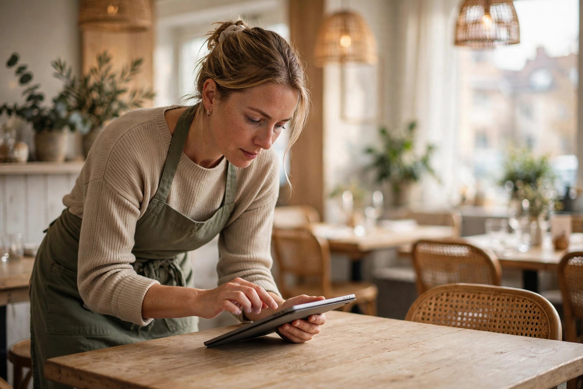 Servitris uppdaterar restaurangens meny på en surfplatta vid ett bord i matsalen
