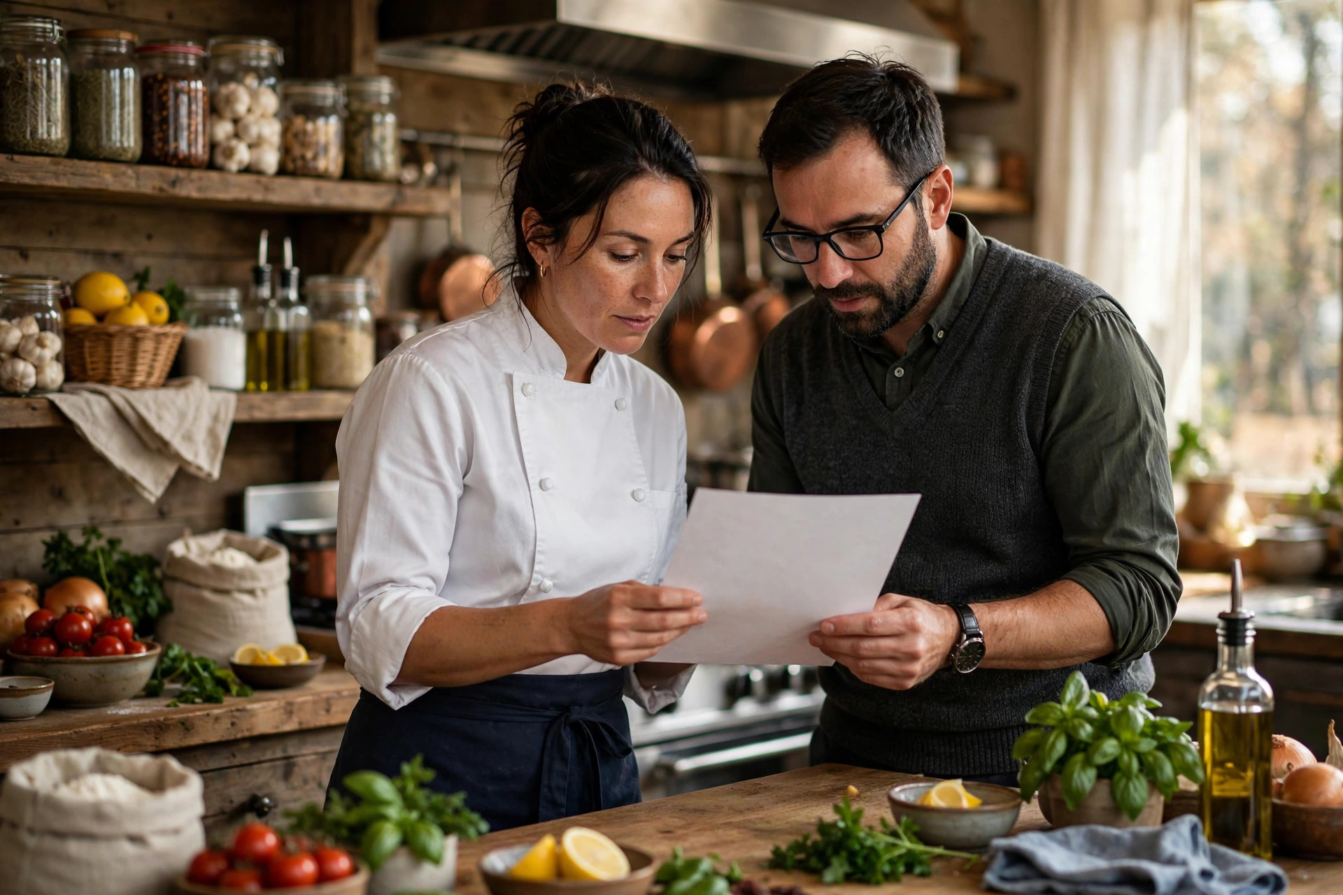Kock och restaurangchef går tillsammans igenom den tryckta menyn i restaurangköket