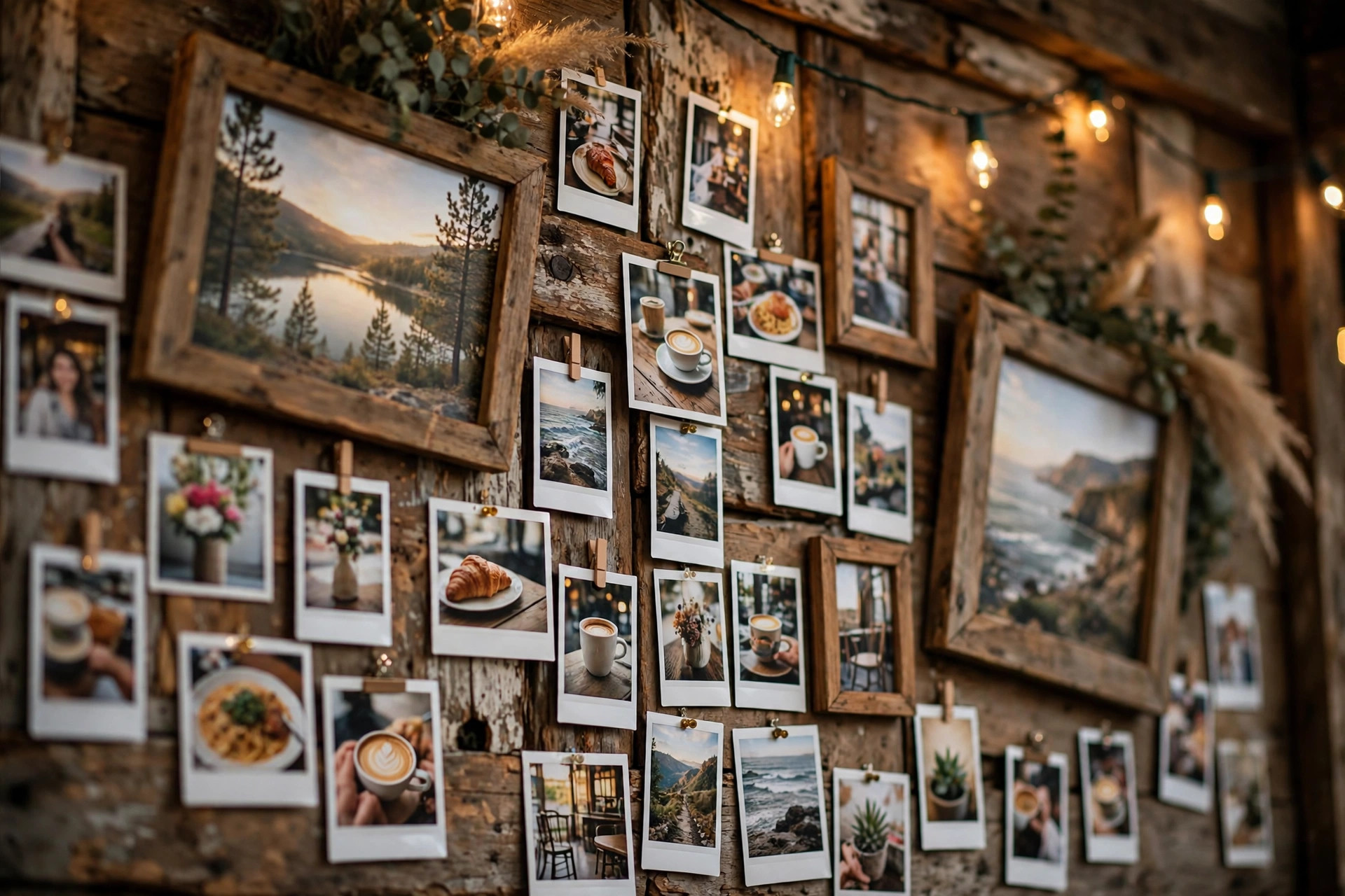 A restaurant wall decorated with framed customer photos under warm string lights