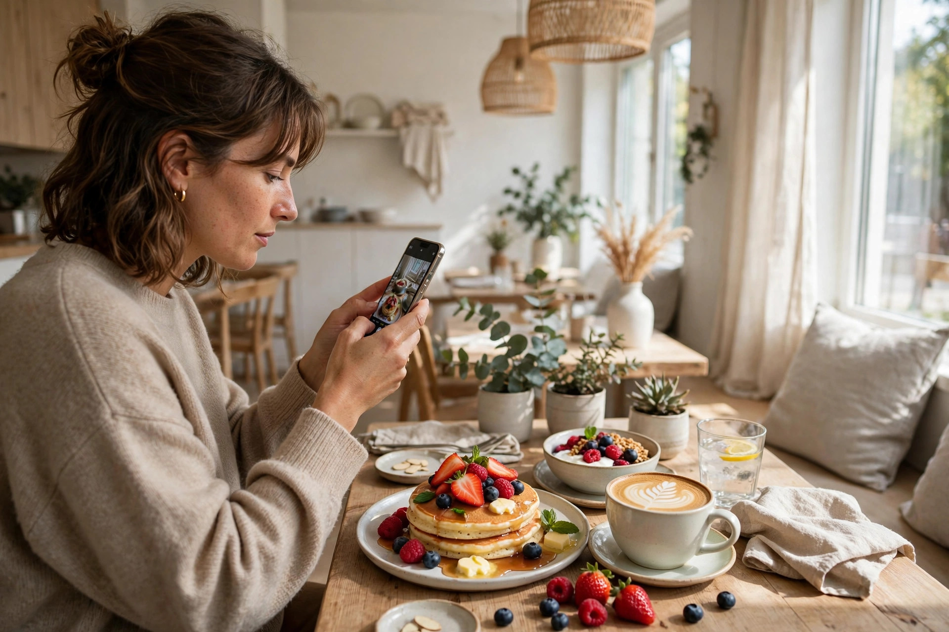 A guest photographing a colourful brunch spread with a smartphone in a sunlit café
