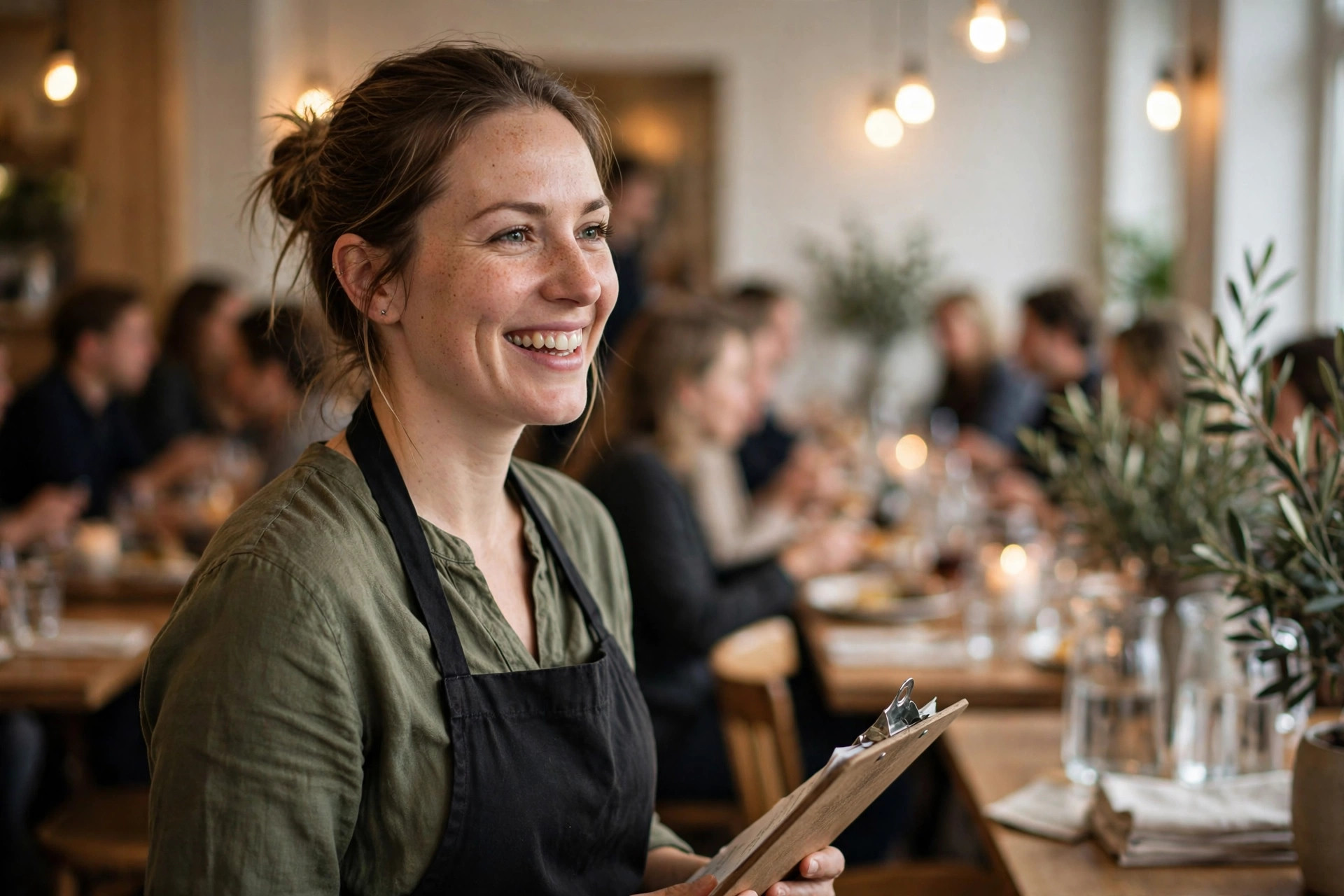 A smiling restaurant host welcoming guests at the entrance of a warm bistro with a reservation clipboard in hand