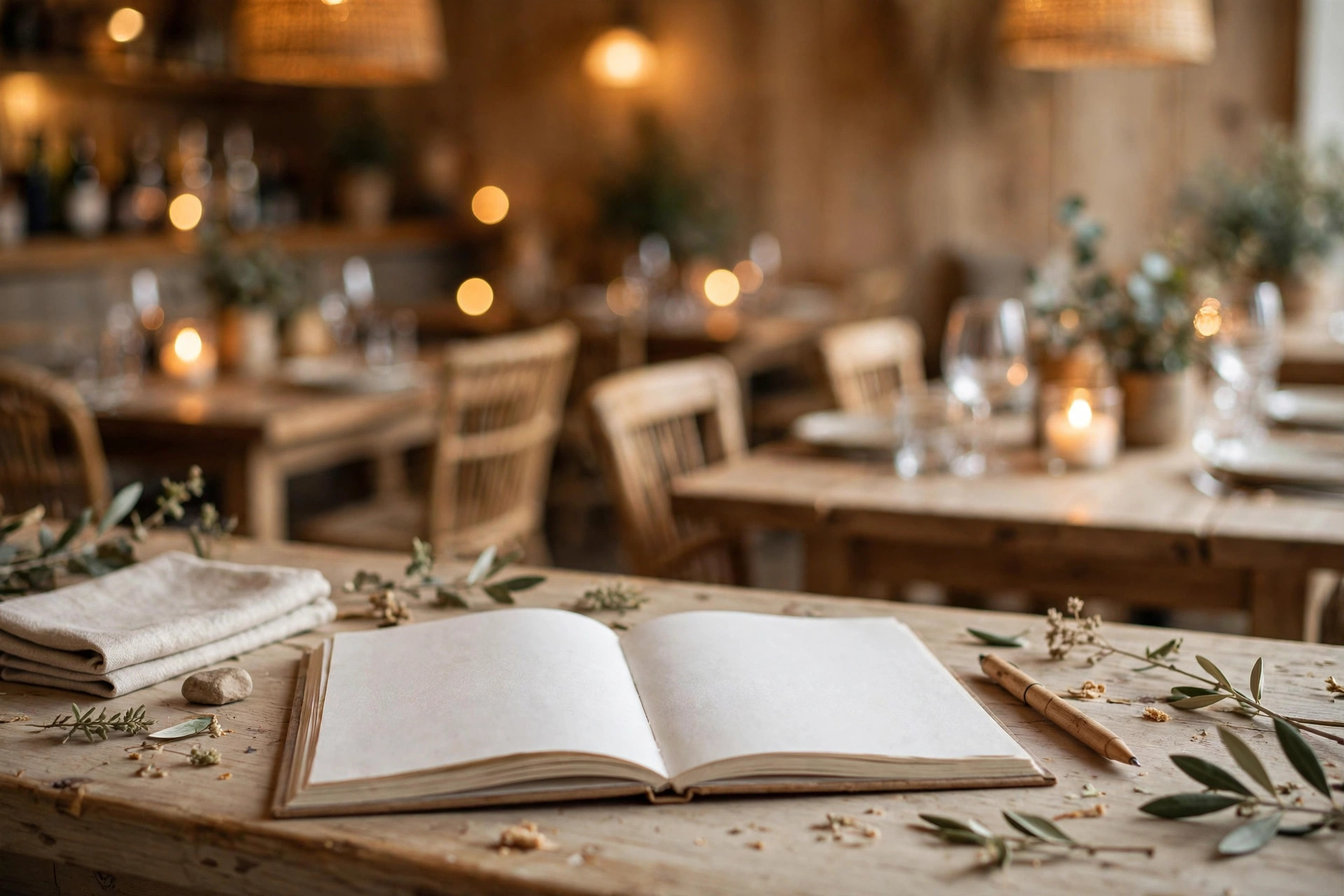 An open restaurant reservation book with a pen on a wooden host desk, warm candlelit dining room blurred behind