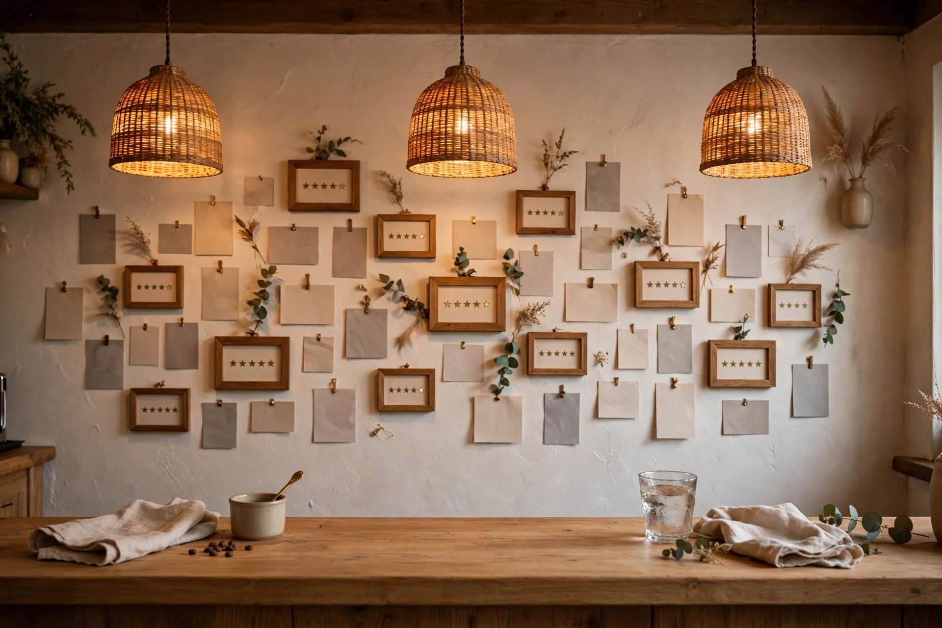 Café wall displaying printed customer reviews as social proof