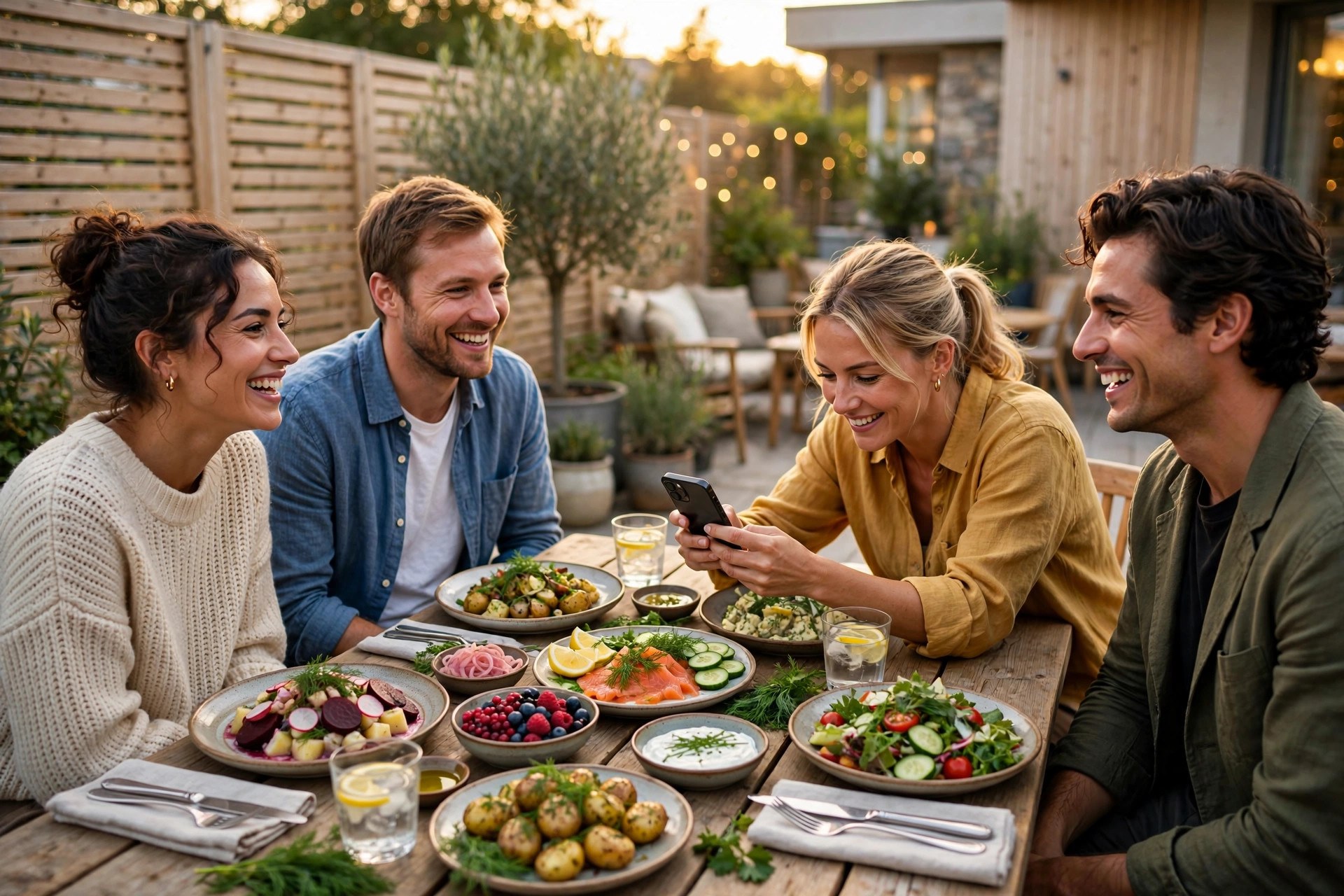 Happy guests photographing their dishes at a sunlit Scandinavian restaurant terrace