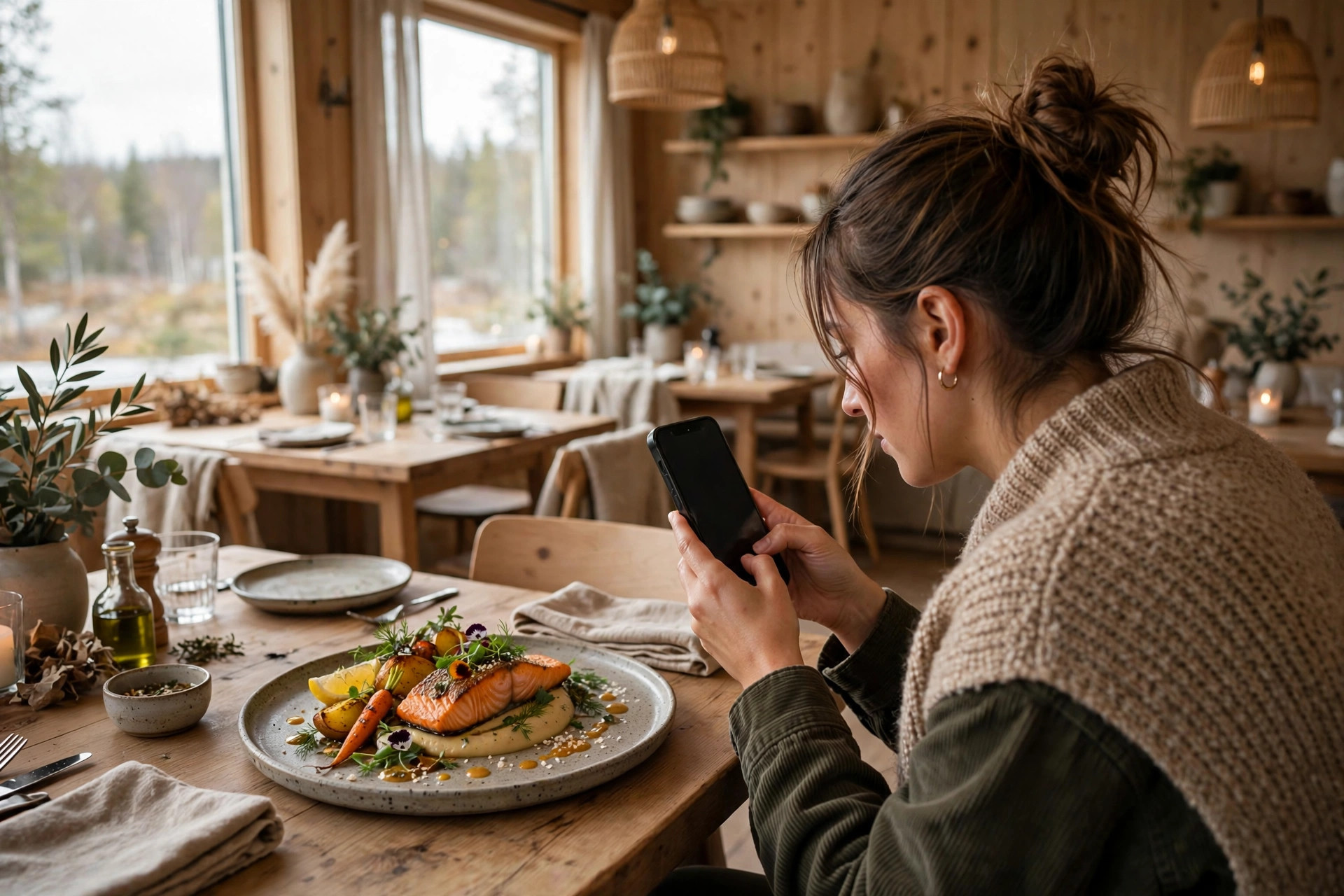 Ruokavaikuttaja kuvaamassa annosta älypuhelimella pohjoismaisessa ravintolassa