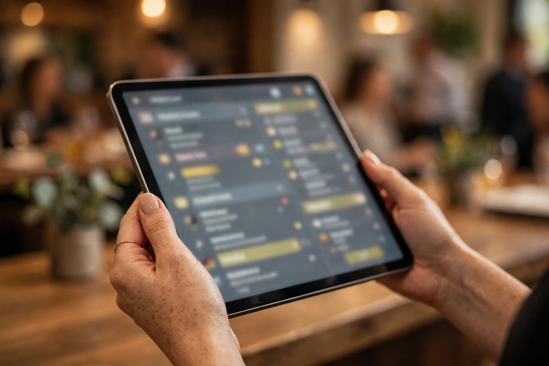 Värdinna som hanterar restaurangens digitala väntelista på en surfplatta vid entrén