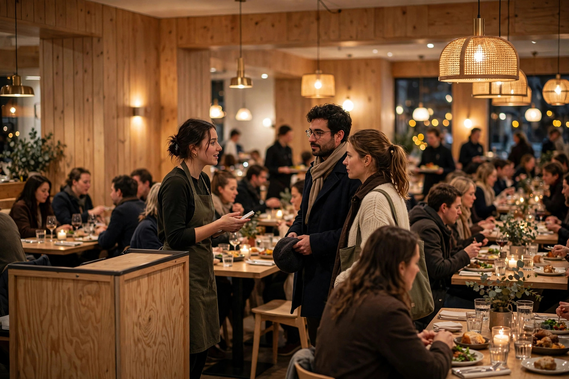 Fullsatt restaurang under middagsrusningen där värdinnan tar emot gäster vid entrén