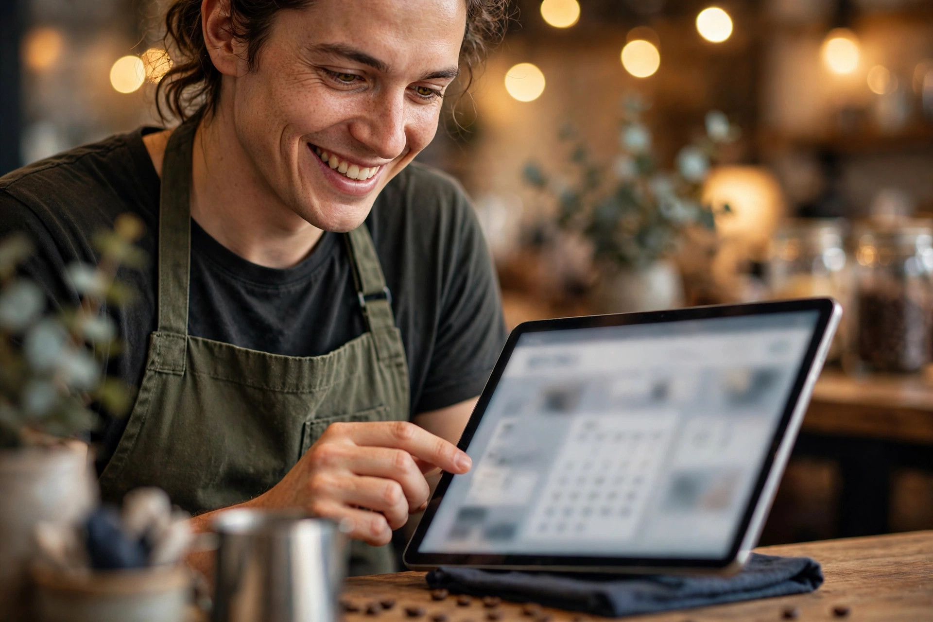Barista vahvistaa pöytävarauksen tabletilla kahvilan tiskin takana