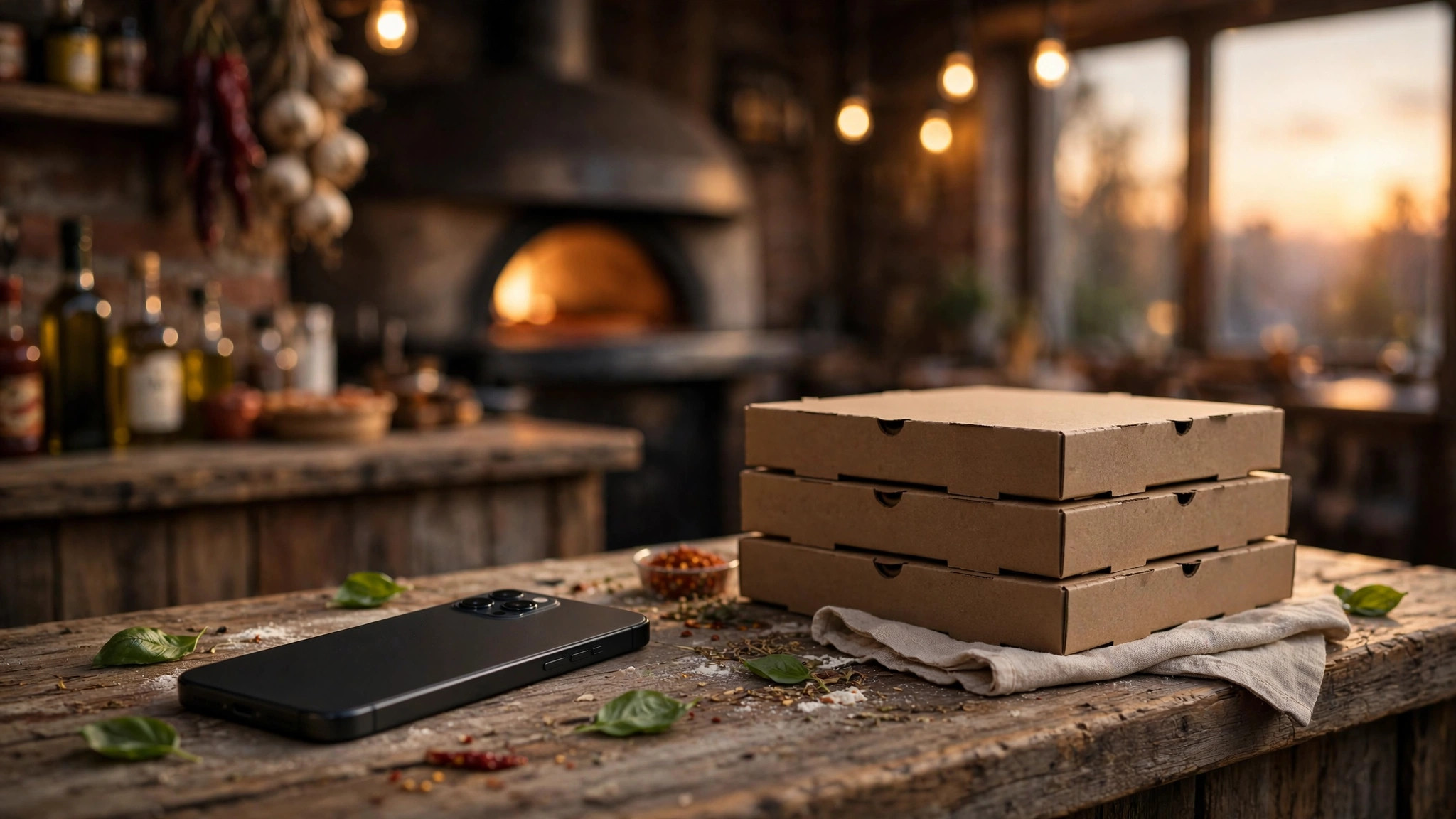 Älypuhelin pizzerian tiskillä, taustalla pizzalaatikoita lämpimässä iltavalossa