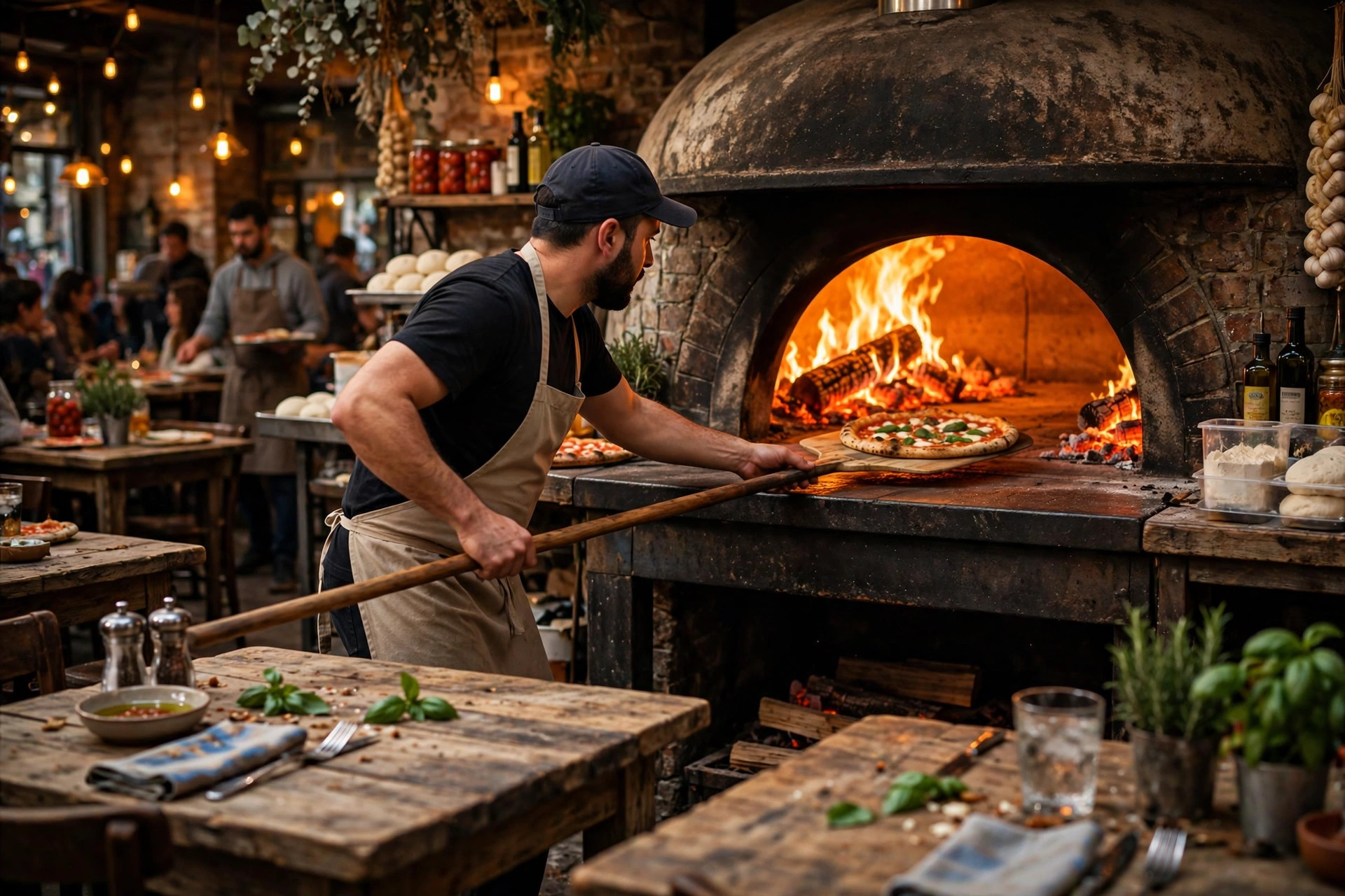 Kiireinen pizzeria, pizzaiolo liu'uttaa pizzaa puu-uuniin