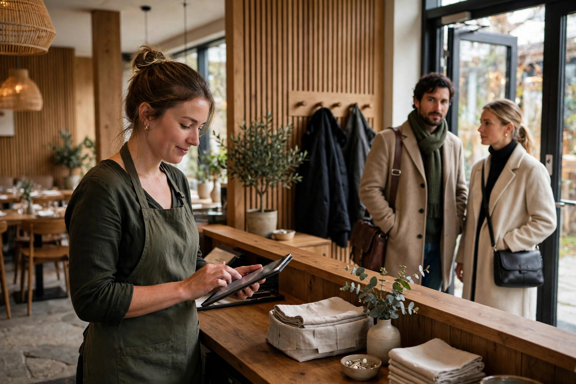 Ravintolan emäntä kirjoittaa tabletille varausvahvistusta modernin ravintolan vastaanotossa