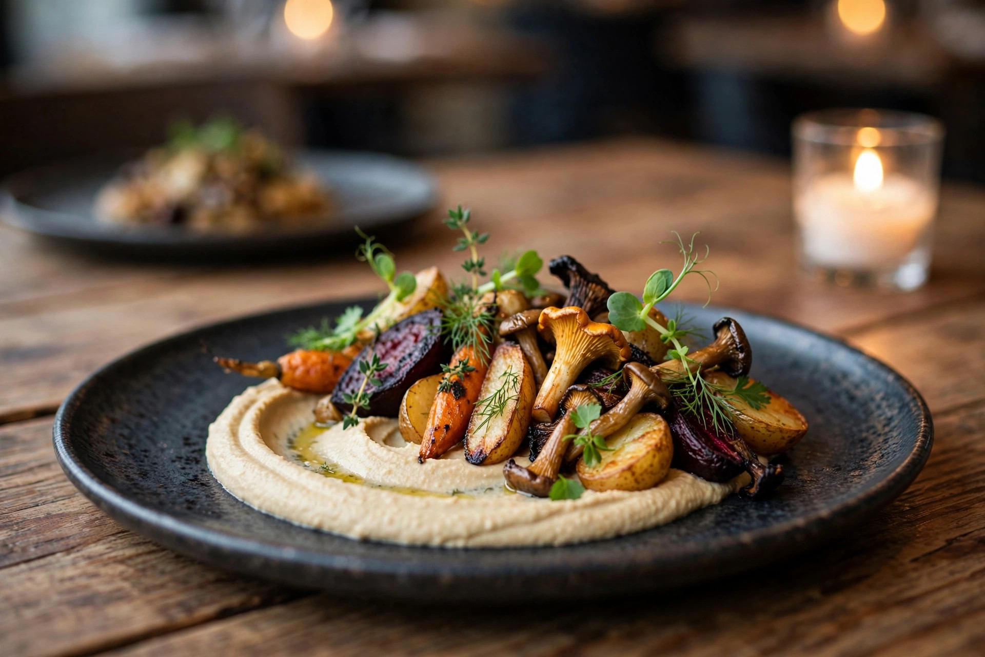Vegansk huvudrätt med rostade rotfrukter, svamp och färska örter serverad på en keramiktallrik