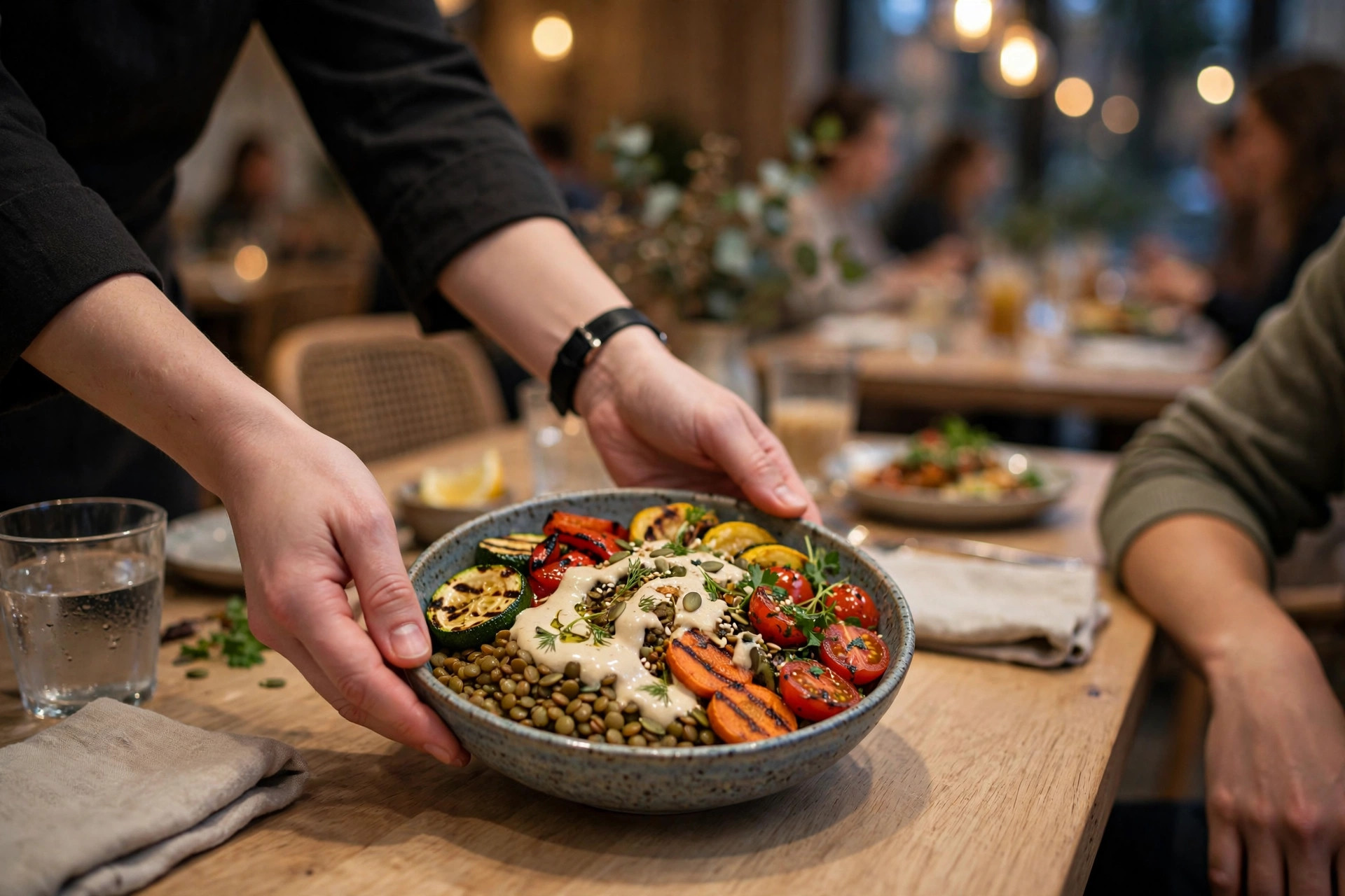 En servitör serverar en färgglad vegansk skål med grillade grönsaker, linser och tahinidressing på en modern restaurang