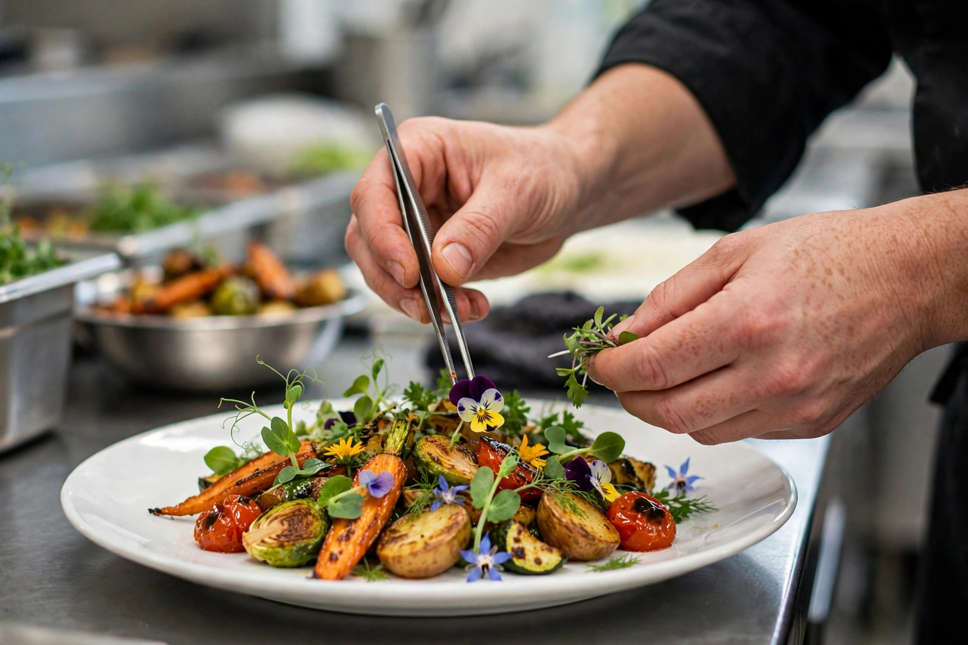 Kokk anretter en fersk vegansk rett med grønnsaker og spiselige blomster