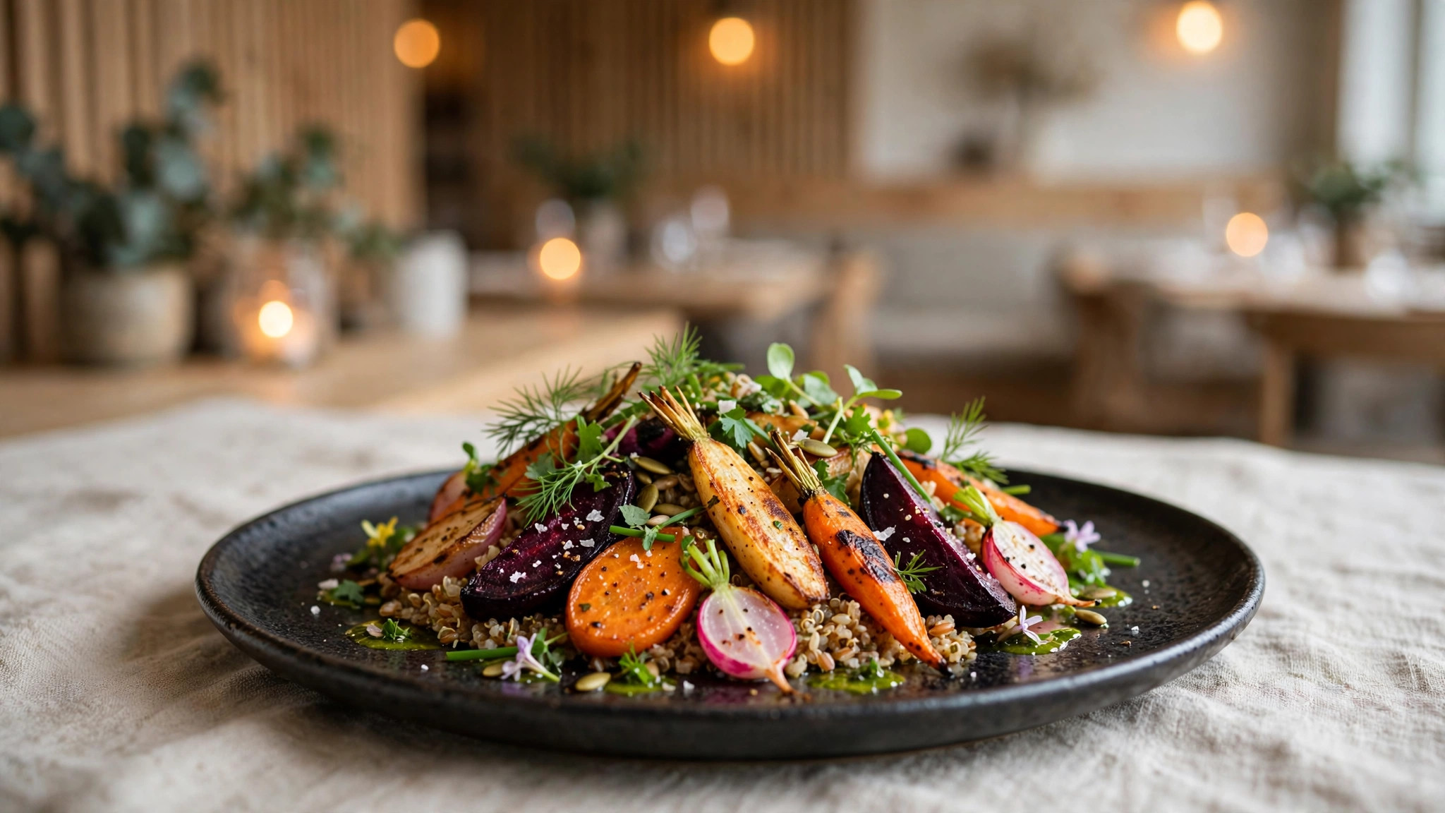 Elegant vegansk restaurantrett med fargerike rotgrønnsaker og urter