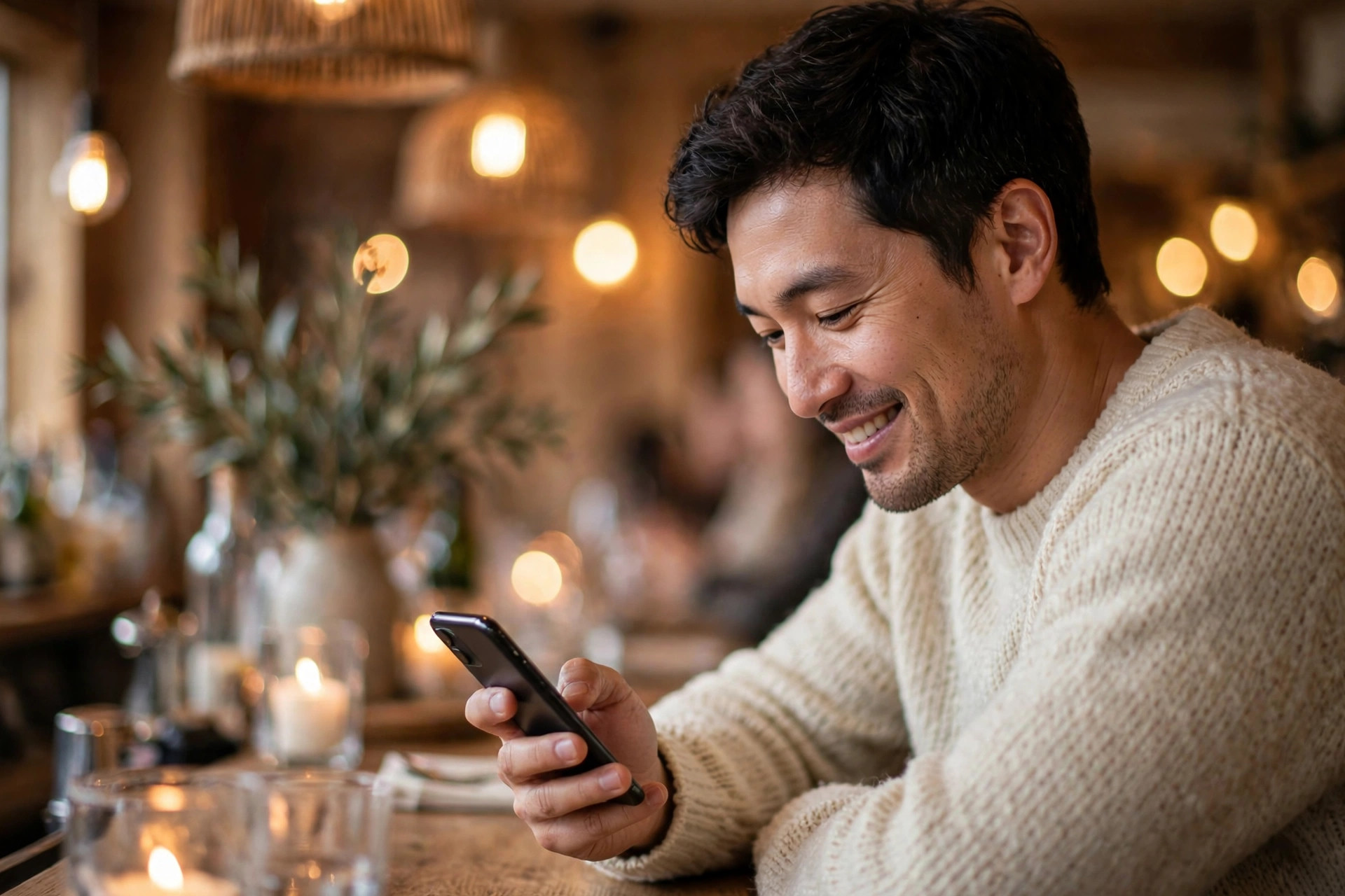 Gjest leser SMS-varsel på mobilen mens han venter i baren på restauranten