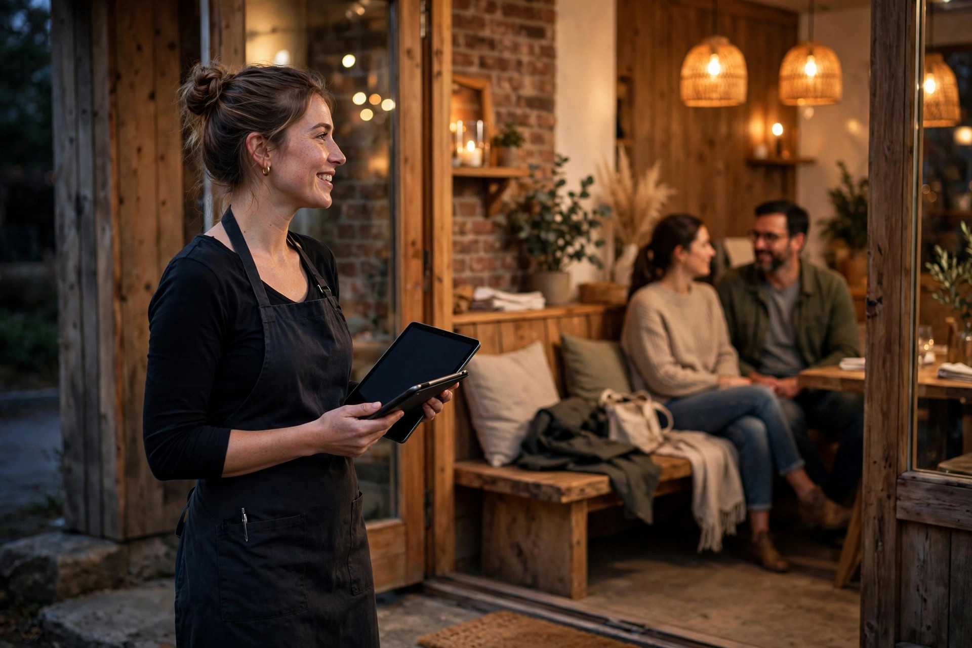 Vertinne med nettbrett tar imot gjester ved inngangen til en varm restaurant mens andre gjester venter komfortabelt i bakgrunnen