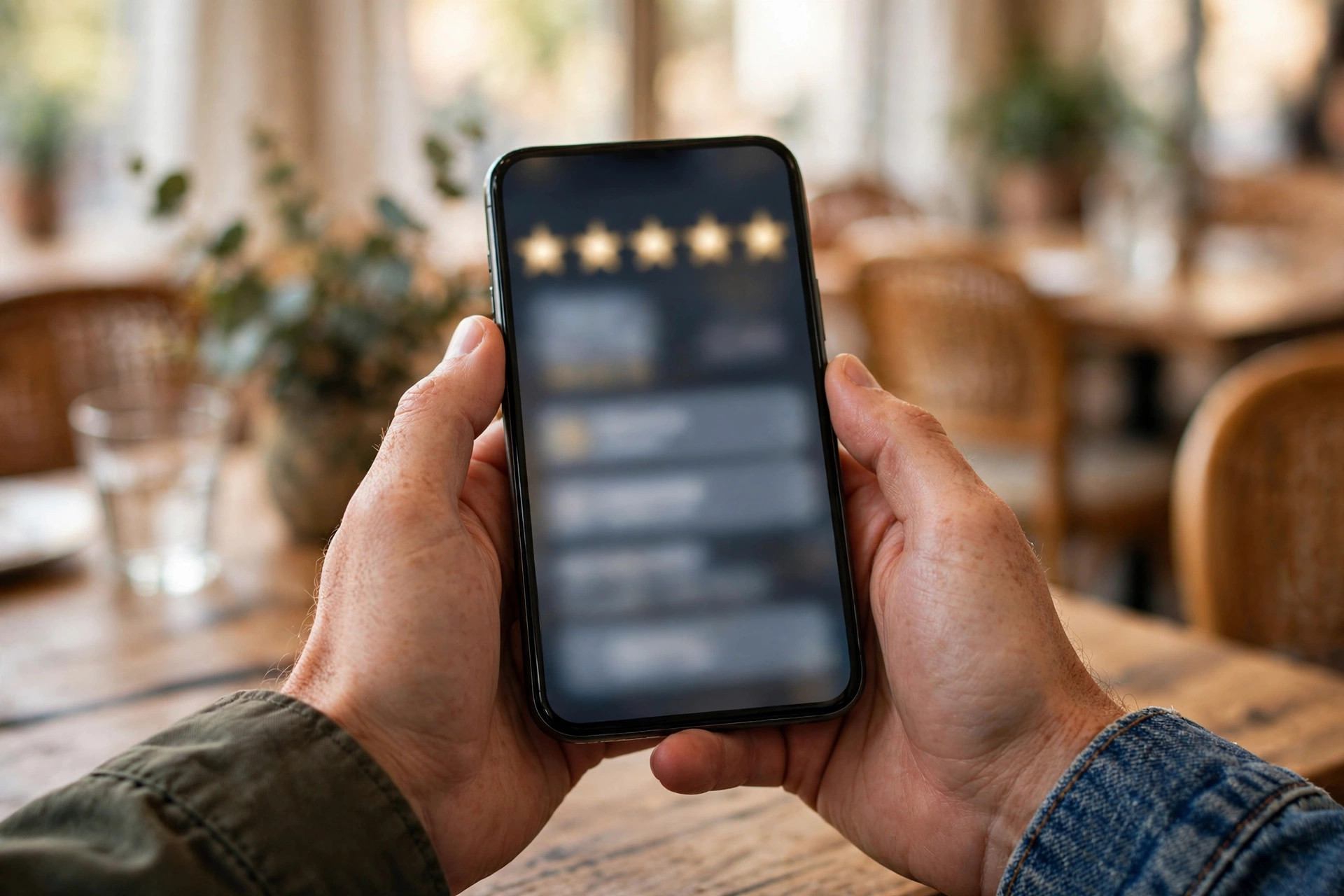 Smarttelefon med anmeldelsesapp i hånden, restaurantbord i bakgrunnen