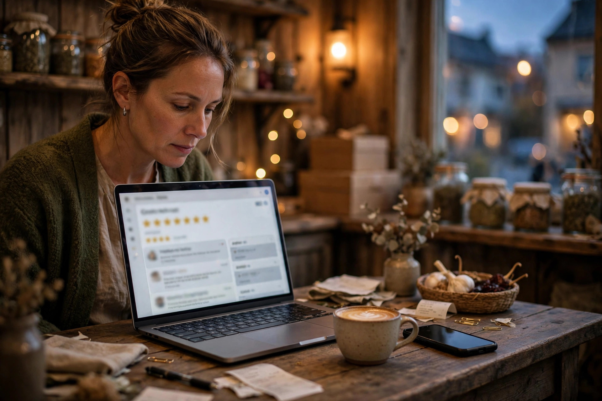 Restauranteier som går gjennom gjesteanmeldelser på en bærbar PC på kontoret