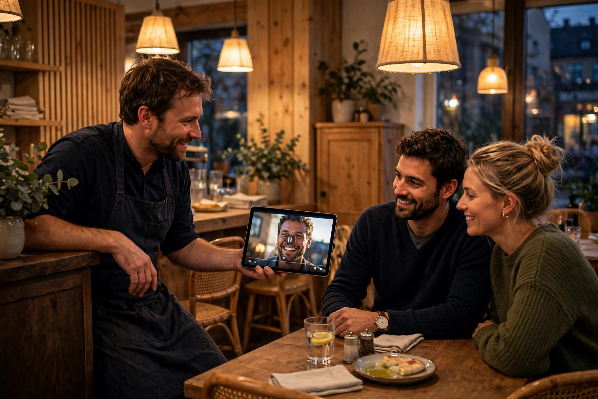 A restaurant chef showing a tablet with a guest's video testimonial to a dining couple