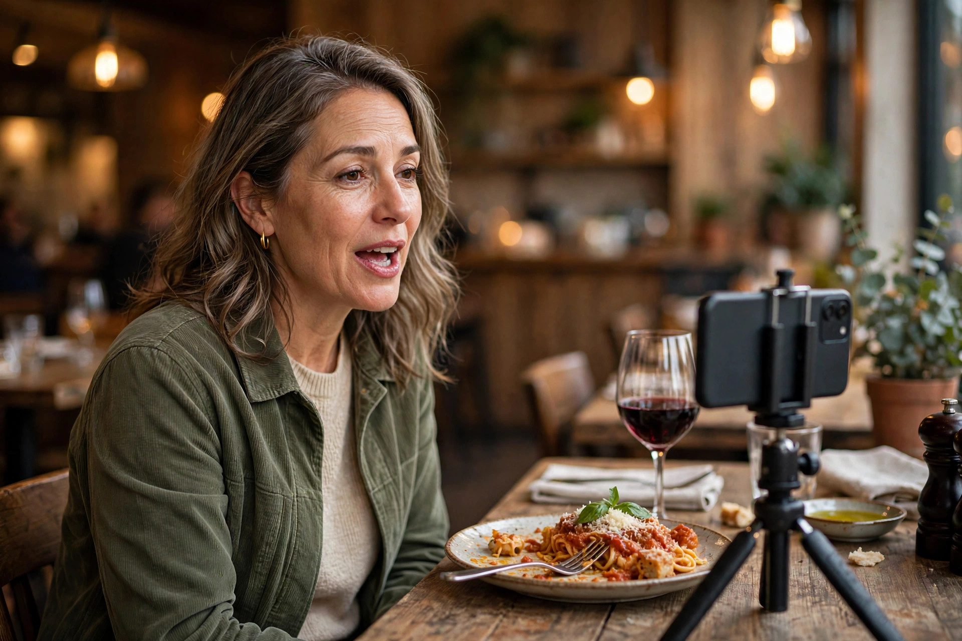 A happy guest recording a video testimonial on a smartphone at a restaurant table with pasta and red wine