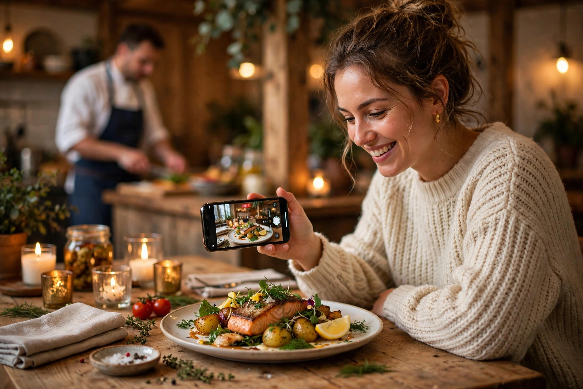 Nöjd restauranggäst som filmar sin vackert upplagda rätt med mobiltelefonen