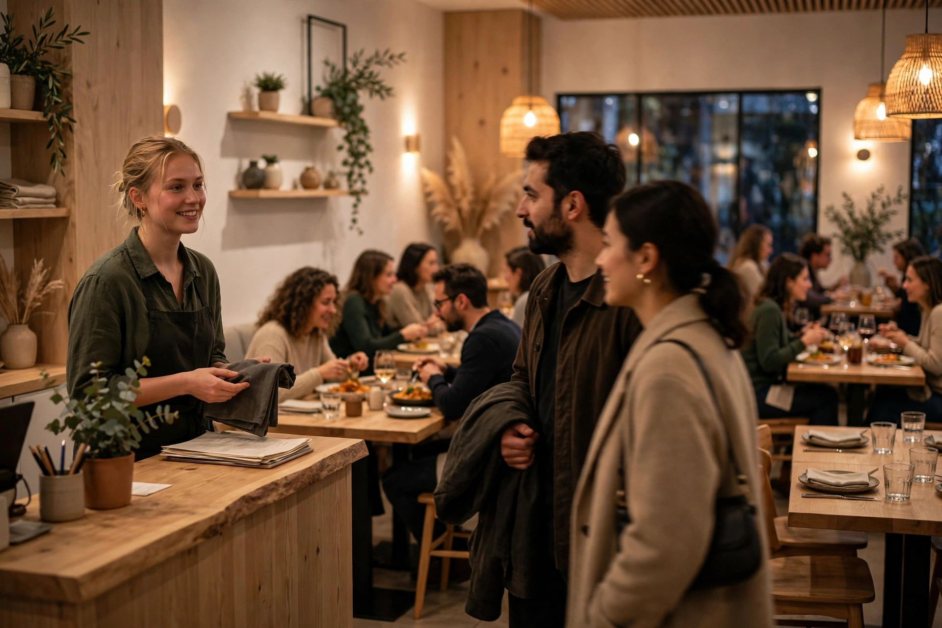 Kiireinen pohjoismainen ravintolasali illalla: osa pöydistä varattuja, osa vapaita walk-in-asiakkaille