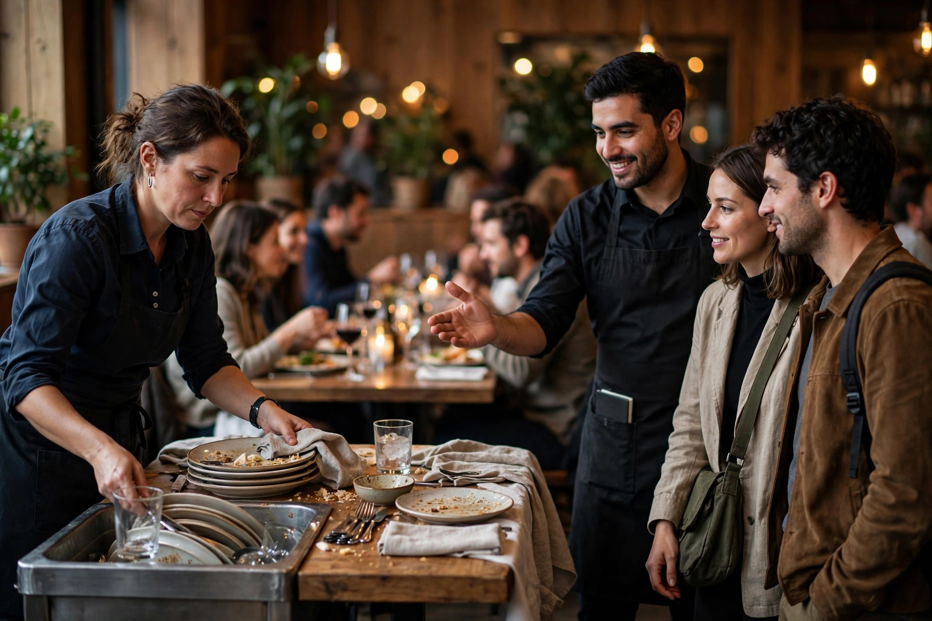 Server clearing a table while a host gestures to welcome waiting guests in a warm, busy dining room