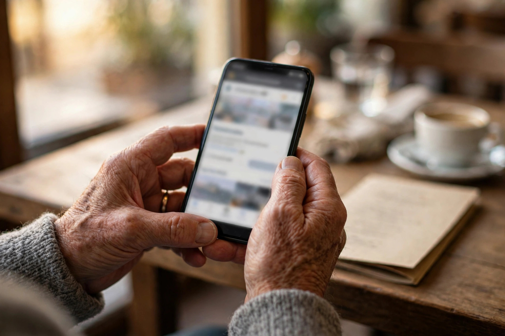 An older restaurant guest holding a smartphone with an enlarged reservation page at a restaurant table