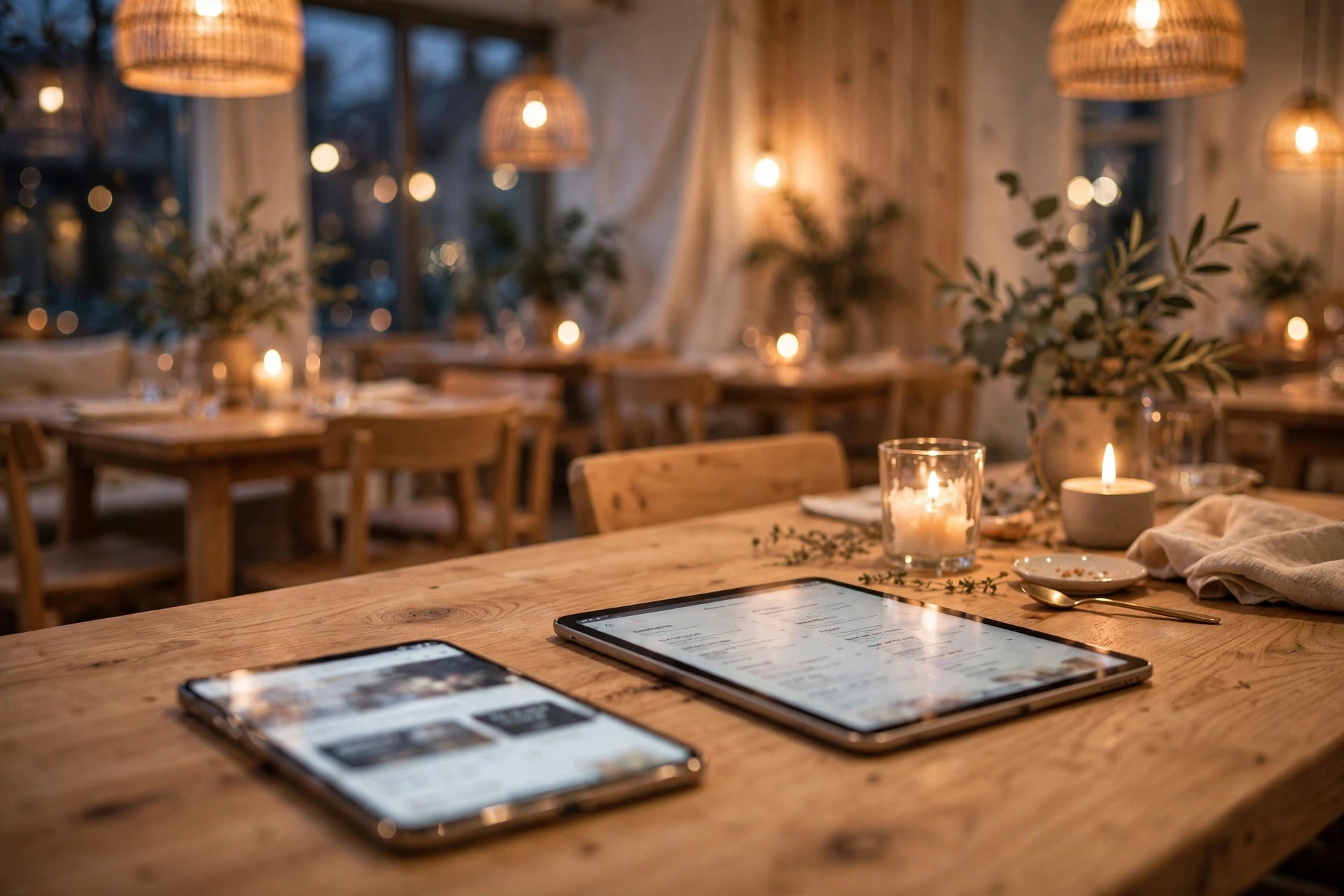 Warm Scandinavian restaurant dining room in the evening with a smartphone and tablet on a wooden table