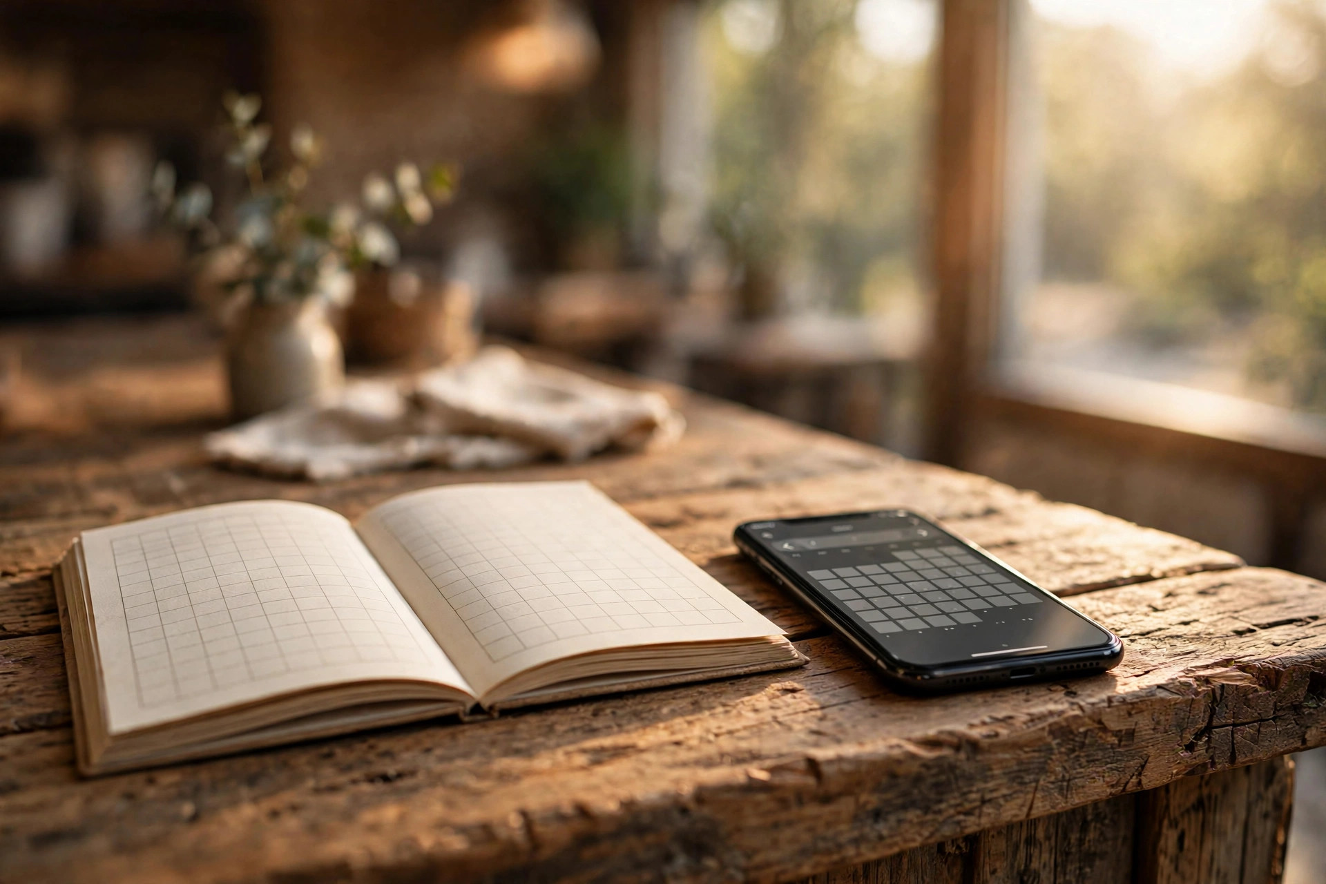 Open reservation diary beside a smartphone showing a booking calendar on a café counter