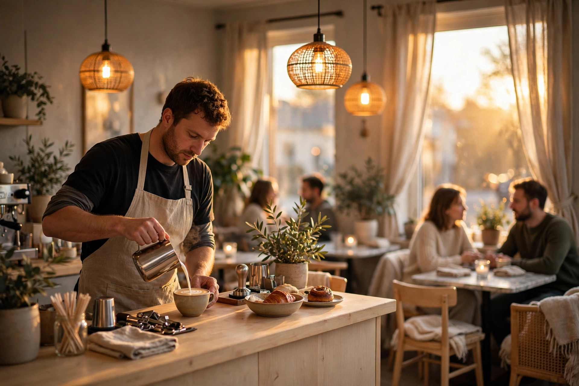 Barista pouring a flat white in a sunlit Nordic café with guests at marble tables