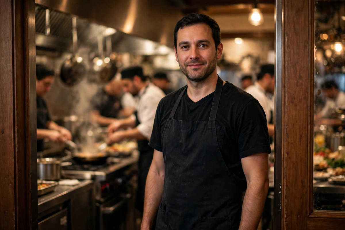 Calm restaurant manager in a dark apron standing in a kitchen doorway during service