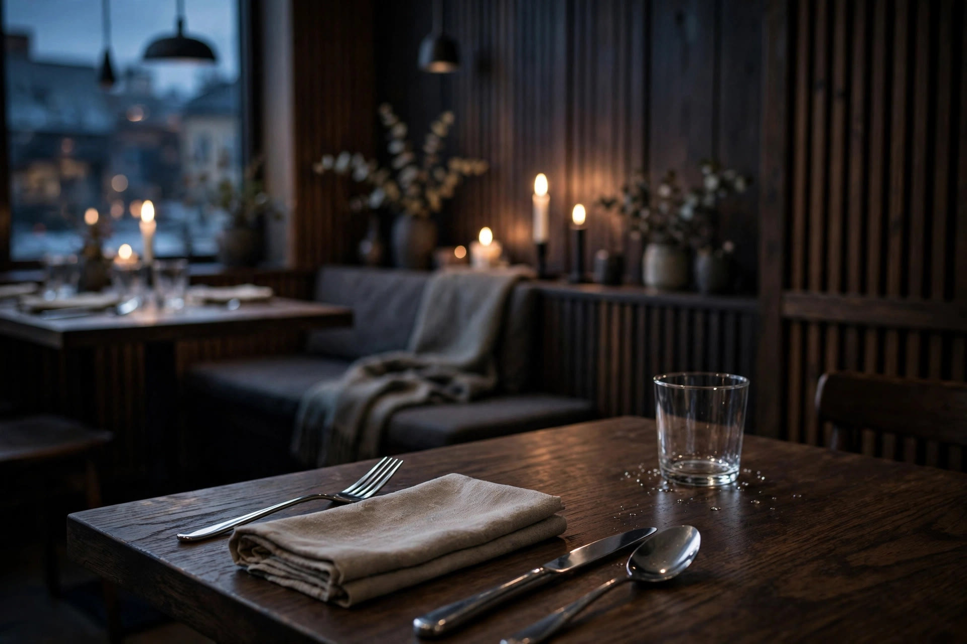 Quiet restaurant dining room before evening service, moody ambient lighting