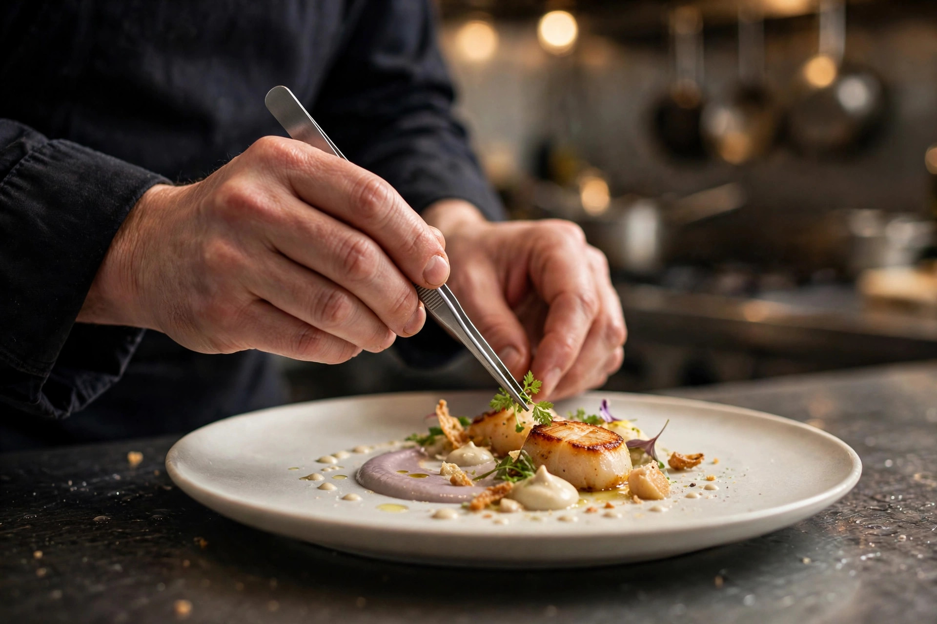 A chef's hands finishing a plated dish with tweezers in a professional restaurant kitchen