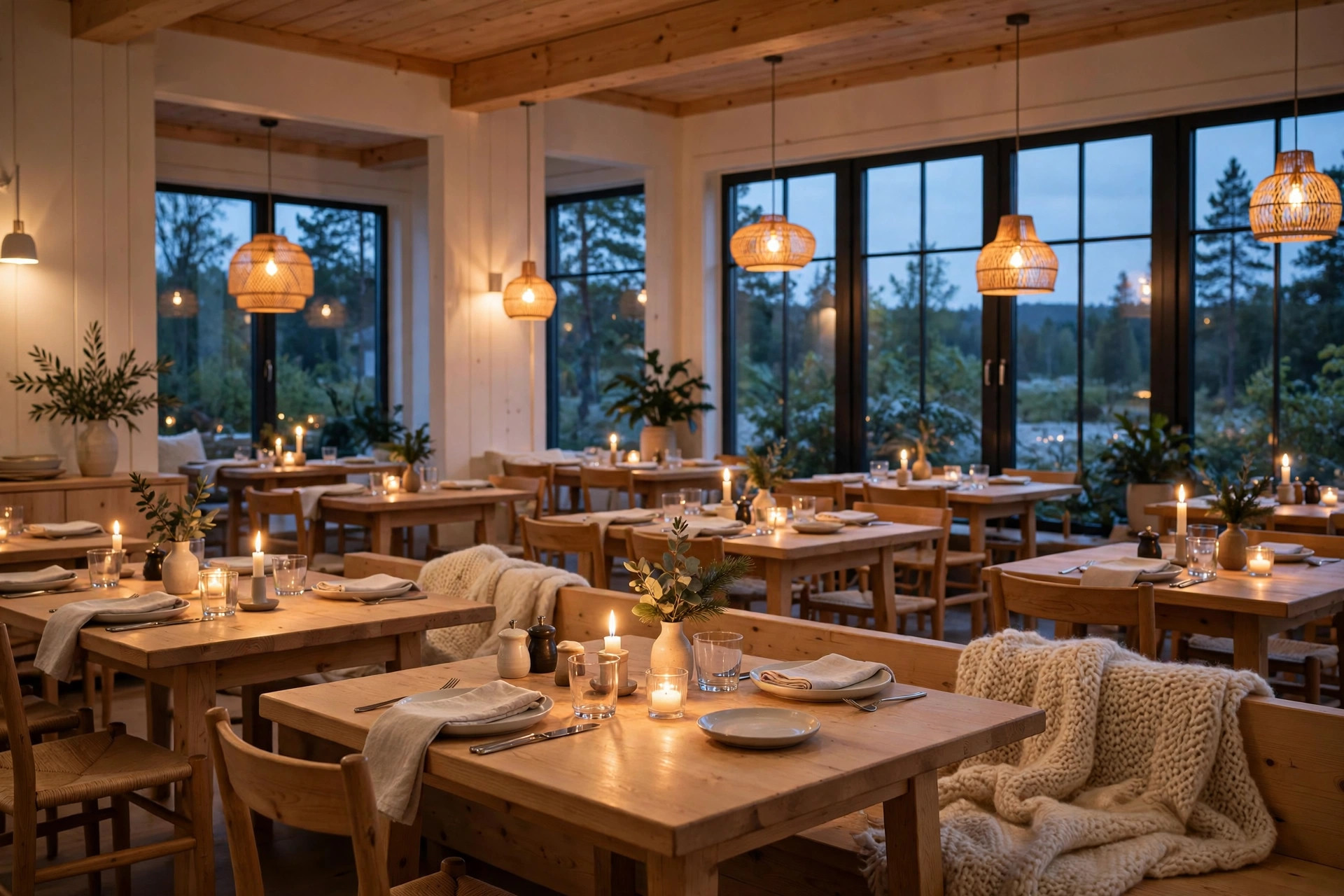 A warm, candlelit Nordic restaurant dining room in the evening with set wooden tables